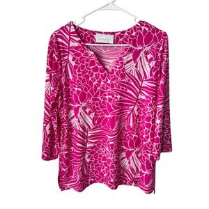 Pappagallo Pink White Tropical Floral V-Neck 3/4 Sleeve Top Tunic Side Slit
